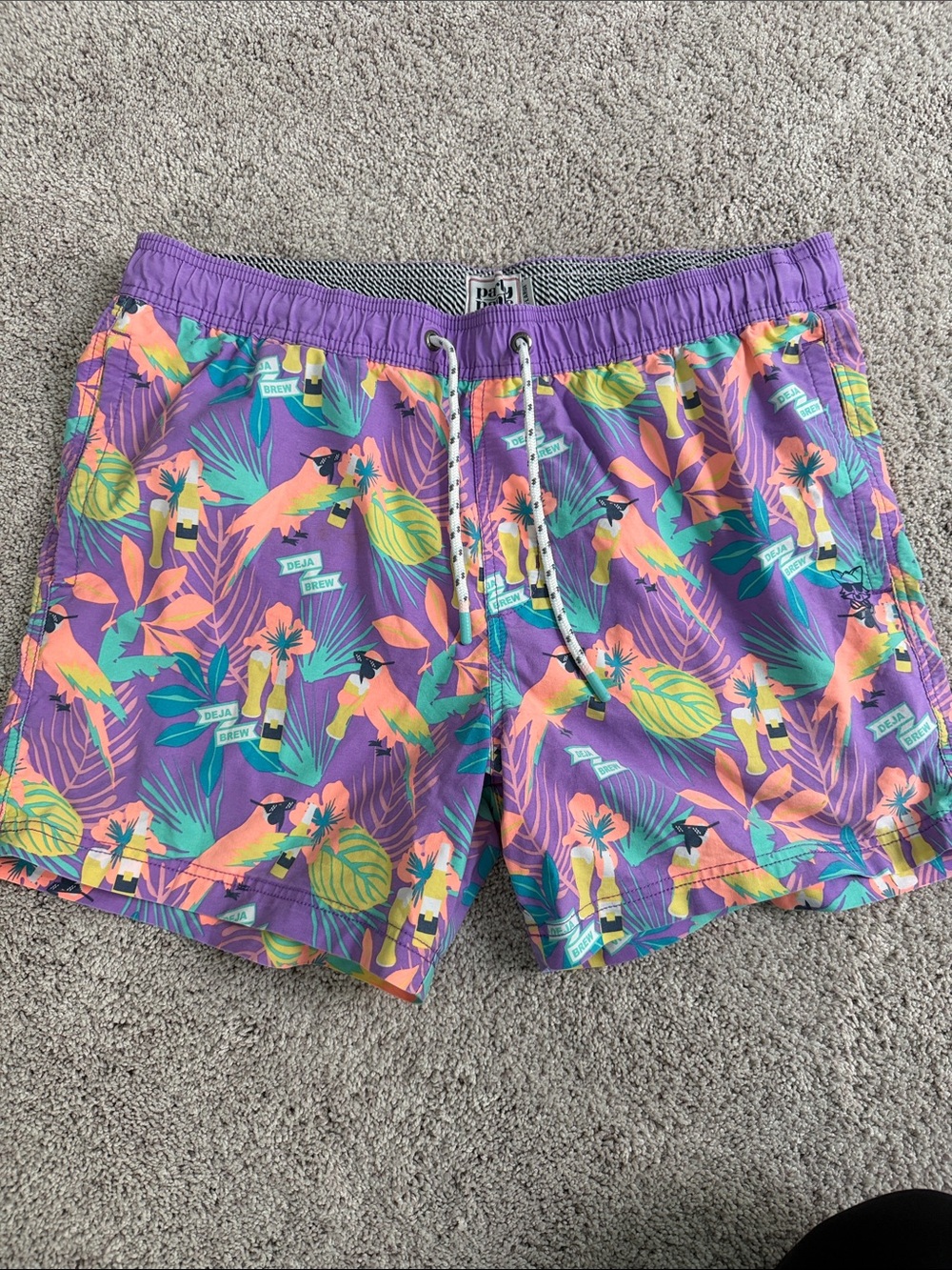 Men's Tropical Purple Swim Trunks with Drawstring Waist